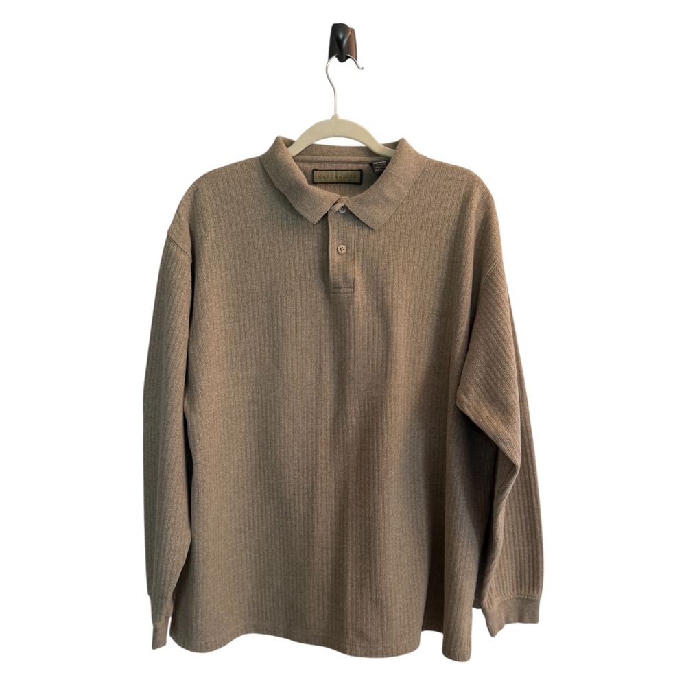 Naturalife Polo Shirt Tan XL Mens Ribbed Long Sleeve Cotton Casual Sweater